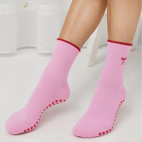 3 Pairs Cute Pilates Socks with Grips for Women Non Slip Yoga Socks Grippy Crew Socks Embroidery Pattern for Workout in Saudi Arabia
