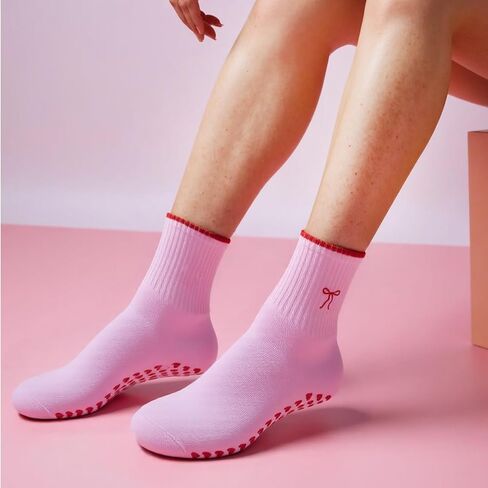 3 Pairs Cute Pilates Socks with Grips for Women Non Slip Yoga Socks Grippy Crew Socks Embroidery Pattern for Workout in Saudi Arabia