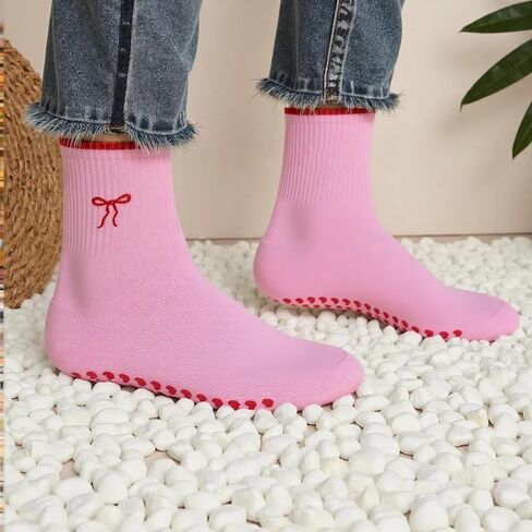 3 Pairs Cute Pilates Socks with Grips for Women Non Slip Yoga Socks Grippy Crew Socks Embroidery Pattern for Workout in Saudi Arabia