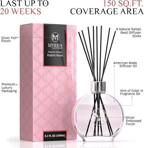 Lavender Blossom Scented Reed Diffuser Set with 8 Rattan Diffuser Sticks, 150 ml, All Natural Air Freshener, Long-Lasting Diffusers at Home - MyrrhUSA in Saudi Arabia