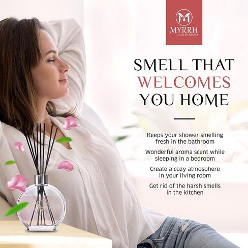 Lavender Blossom Scented Reed Diffuser Set with 8 Rattan Diffuser Sticks, 150 ml, All Natural Air Freshener, Long-Lasting Diffusers at Home - MyrrhUSA in Saudi Arabia
