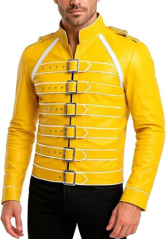 Mens Rock Star Costume Concert Cosplay Yellow Faux Leather Jacket in Saudi Arabia