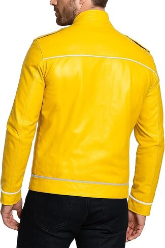 Mens Rock Star Costume Concert Cosplay Yellow Faux Leather Jacket in Saudi Arabia