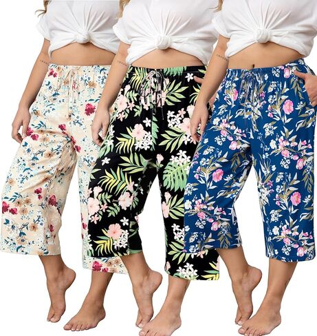 Vozanet 3 Pack Women Plus Size Capri Pajama Pants Sets Drawstring Pj Bottoms Casual Lounge with Pockets XL to 5XL in Kuwait
