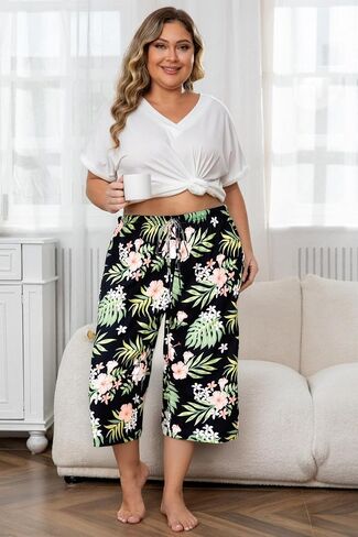 Vozanet 3 Pack Women Plus Size Capri Pajama Pants Sets Drawstring Pj Bottoms Casual Lounge with Pockets XL to 5XL in Kuwait