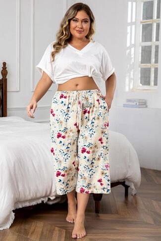 Vozanet 3 Pack Women Plus Size Capri Pajama Pants Sets Drawstring Pj Bottoms Casual Lounge with Pockets XL to 5XL in Kuwait