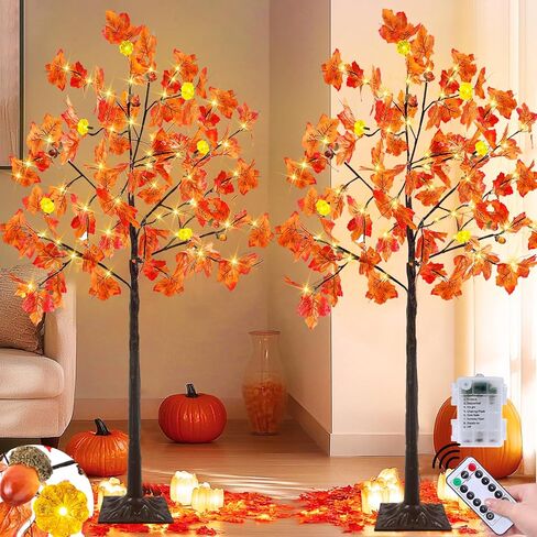 TURNMEON Fall Decor 2 Pack 4 Ft Prelit Lighted Fall Maple Tree with Remote Control Timer 3D Patented Pumpkin Lights 96LED Warm Lights 8 Mode Acorn Thanksgiving Fall Decorations for Home Outdoor Indoor in Saudi Arabia