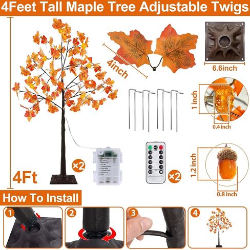 TURNMEON Fall Decor 2 Pack 4 Ft Prelit Lighted Fall Maple Tree with Remote Control Timer 3D Patented Pumpkin Lights 96LED Warm Lights 8 Mode Acorn Thanksgiving Fall Decorations for Home Outdoor Indoor in Saudi Arabia