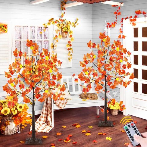 TURNMEON Fall Decor 2 Pack 4 Ft Prelit Lighted Fall Maple Tree with Remote Control Timer 3D Patented Pumpkin Lights 96LED Warm Lights 8 Mode Acorn Thanksgiving Fall Decorations for Home Outdoor Indoor in Saudi Arabia