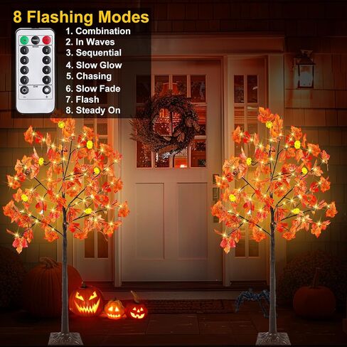 TURNMEON Fall Decor 2 Pack 4 Ft Prelit Lighted Fall Maple Tree with Remote Control Timer 3D Patented Pumpkin Lights 96LED Warm Lights 8 Mode Acorn Thanksgiving Fall Decorations for Home Outdoor Indoor in Saudi Arabia
