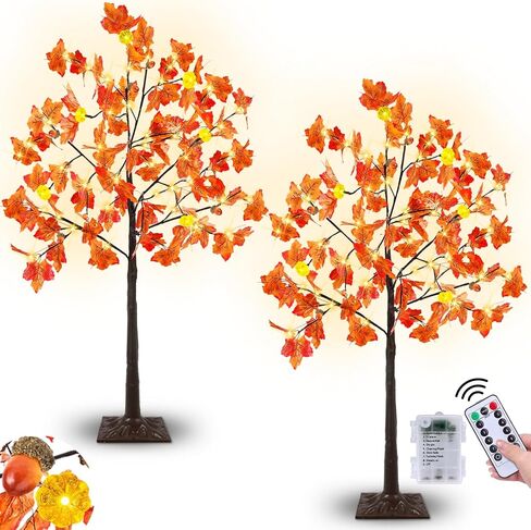 TURNMEON Fall Decor 2 Pack 4 Ft Prelit Lighted Fall Maple Tree with Remote Control Timer 3D Patented Pumpkin Lights 96LED Warm Lights 8 Mode Acorn Thanksgiving Fall Decorations for Home Outdoor Indoor in Saudi Arabia