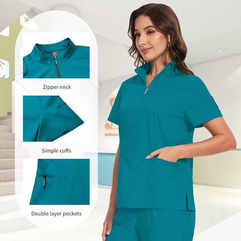 niaahinn Scrub for Women Set Collar Neck Scrub Top & Cargo Pants, 4-Way Stretch, Yogga Waistband in Saudi Arabia
