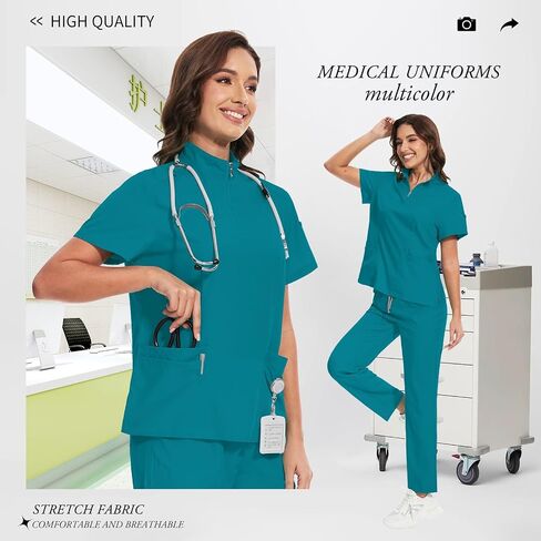 niaahinn Scrub for Women Set Collar Neck Scrub Top & Cargo Pants, 4-Way Stretch, Yogga Waistband in Saudi Arabia