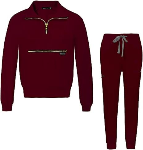 Niaahinn Scrub Set for Women - Long Sleeve Top & Jogger Pants, Solid Color Working Uniforms With Pockets in Kuwait