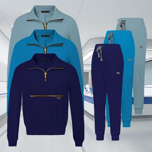 Niaahinn Scrub Set for Women - Long Sleeve Top & Jogger Pants, Solid Color Working Uniforms With Pockets in Kuwait