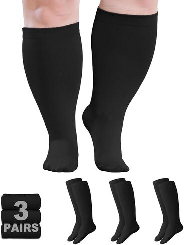 Plus Size Compression Socks: Wide Calf Compression Stockings for Men Women - Extra Large 20-30 mmHg Compression Hose Support for Running Travel Nurses Pregnancy 3 Pairs in Kuwait