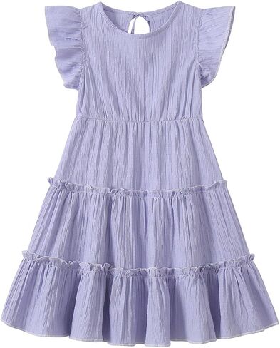 Girls Summer Dresses Tiered Crinkle Flowy Ruffle Sleeve A-Line Swing Backless Bow Lace-up Dress Size 4-12 Years in Saudi Arabia