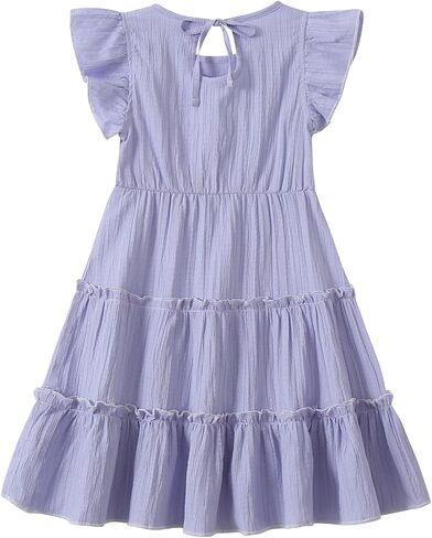 Girls Summer Dresses Tiered Crinkle Flowy Ruffle Sleeve A-Line Swing Backless Bow Lace-up Dress Size 4-12 Years in Saudi Arabia