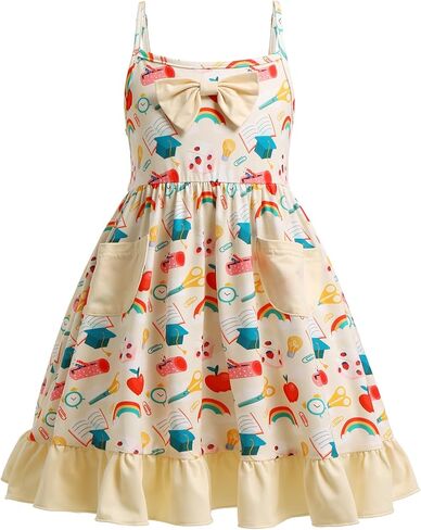 Girl Back to School Dress Apple Pencil School Bag Rainbow Book First Day of School Picture Day Outfits with Pocket in Saudi Arabia