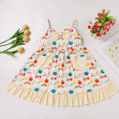 Girl Back to School Dress Apple Pencil School Bag Rainbow Book First Day of School Picture Day Outfits with Pocket in Saudi Arabia