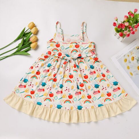 Girl Back to School Dress Apple Pencil School Bag Rainbow Book First Day of School Picture Day Outfits with Pocket in Saudi Arabia