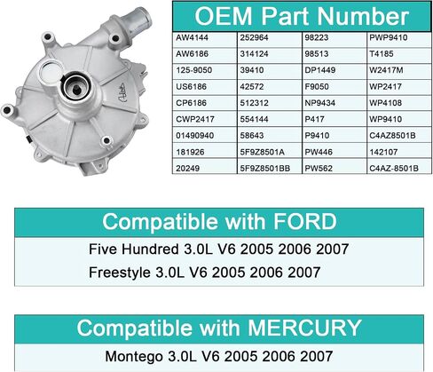 AW4144 مضخة المياه (V6 3.0L فقط) لفورد 2005 2006 2007 خمسمائة حرة ، ل Mercury 2005 2006 2007 Montego AW6186 125-9050 5F9Z8501A 181926 in Saudi Arabia