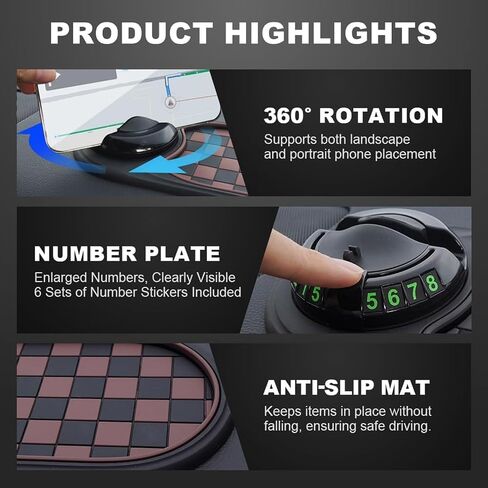 Multifunctional Car Anti-Slip Mat – Rotatable Anti-Skid Car Dashboard Pad with Temporary Parking Number | 4 in 1 Mobile Phone Stand for Cars | Vehicle Dash Grip Pad | Accessories Organizer for Cars in Saudi Arabia