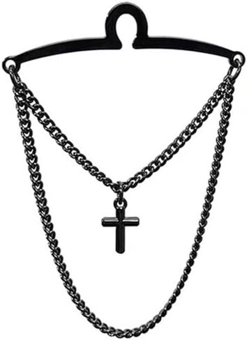 Men's Silver Gold Black Tie Chain 1.97" Personalised Cross Tie Clip with Double Chain Business Wedding Jewelry Gift in Saudi Arabia