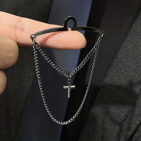 Men's Silver Gold Black Tie Chain 1.97" Personalised Cross Tie Clip with Double Chain Business Wedding Jewelry Gift in Saudi Arabia