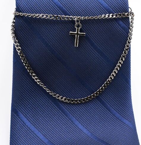 Men's Silver Gold Black Tie Chain 1.97" Personalised Cross Tie Clip with Double Chain Business Wedding Jewelry Gift in Saudi Arabia