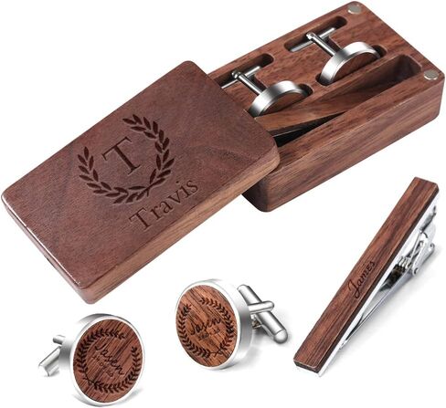 Personalized Engraved Wooden Tie Clip and Cufflinks Set for Mens Skinny Tie Bar Clips Cuff Links Shirt Wedding Business with Gift Box in Saudi Arabia