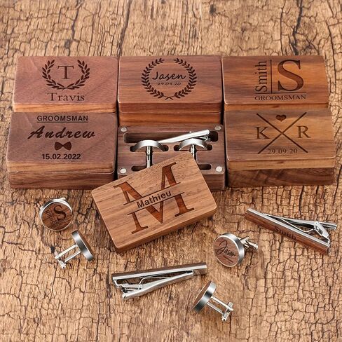 Personalized Engraved Wooden Tie Clip and Cufflinks Set for Mens Skinny Tie Bar Clips Cuff Links Shirt Wedding Business with Gift Box in Saudi Arabia
