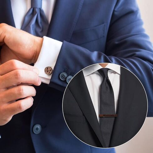 Personalized Engraved Wooden Tie Clip and Cufflinks Set for Mens Skinny Tie Bar Clips Cuff Links Shirt Wedding Business with Gift Box in Saudi Arabia