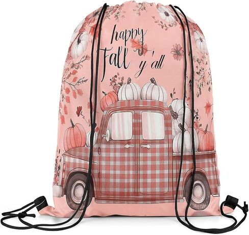 Manfei Autumn Harvest Drawstring Backpack Gym Bag,Happy Fall Grid Truck Cinch Bag,Farmhouse Style Pumpkins Foldable Draw String Back Bag Sports Bag in Saudi Arabia