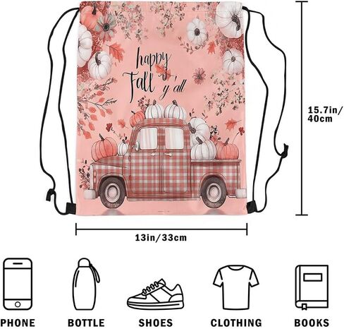 Manfei Autumn Harvest Drawstring Backpack Gym Bag,Happy Fall Grid Truck Cinch Bag,Farmhouse Style Pumpkins Foldable Draw String Back Bag Sports Bag in Saudi Arabia