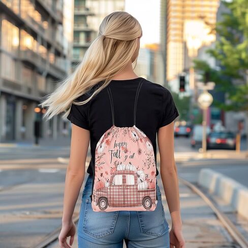 Manfei Autumn Harvest Drawstring Backpack Gym Bag,Happy Fall Grid Truck Cinch Bag,Farmhouse Style Pumpkins Foldable Draw String Back Bag Sports Bag in Saudi Arabia