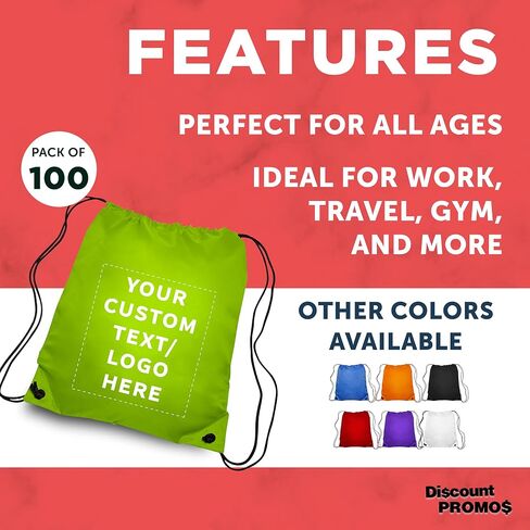 DISCOUNT PROMOS Custom Classic Polyester Drawstring Backpack Set of 10/50/100, Personalized Bulk Pack - Great for Travelling, Gym and for Everyday Use - Black in Kuwait