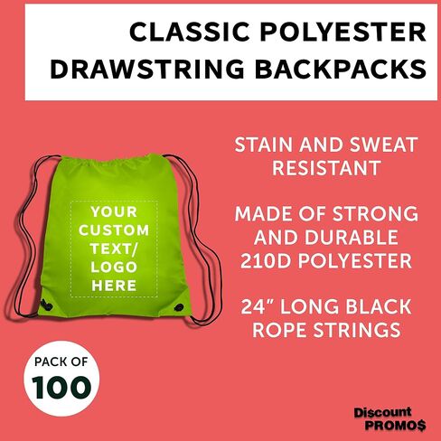 DISCOUNT PROMOS Custom Classic Polyester Drawstring Backpack Set of 10/50/100, Personalized Bulk Pack - Great for Travelling, Gym and for Everyday Use - Black in Kuwait