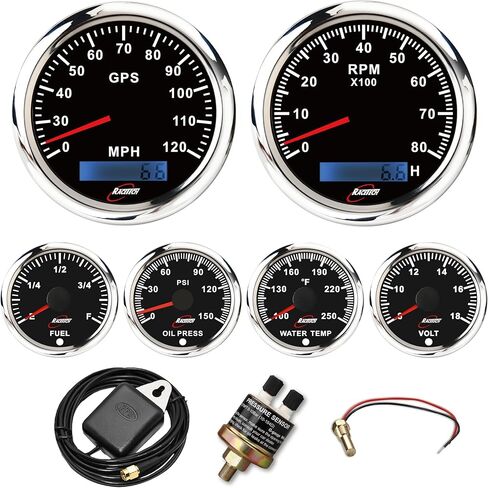مجموعة أدوات بحرية 6 قياسات 7 ألوان سوداء 3-3/8 بوصة 85 مم GPS عداد السرعة 160 ميل في الساعة عداد المسافات 10000 دورة في الدقيقة 2-1/16 بوصة 52 مم 240 مقياس الوقود 240-33 أوم ضغط الزيت ودرجة حرارة الماء فولت 12 فولت 24 فولت شاحنة in Kuwait