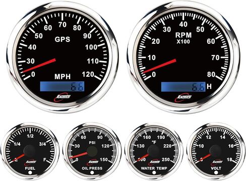 مجموعة أدوات بحرية 6 قياسات 7 ألوان سوداء 3-3/8 بوصة 85 مم GPS عداد السرعة 160 ميل في الساعة عداد المسافات 10000 دورة في الدقيقة 2-1/16 بوصة 52 مم 240 مقياس الوقود 240-33 أوم ضغط الزيت ودرجة حرارة الماء فولت 12 فولت 24 فولت شاحنة in Kuwait
