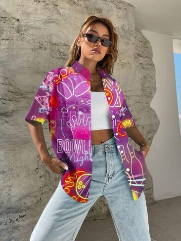 Bowling Shirts for Women Hawaiian Bowling Shirt Bowling Lover Gifts Button Down Tops Casual Short Sleeve Jersey in Saudi Arabia