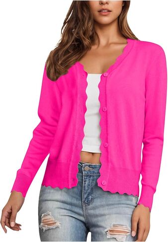 Cardigan Sweaters for Women Long Sleeve Button Down Cardigans Lightweight Scalloped Shrugs Sweater Tops in Kuwait