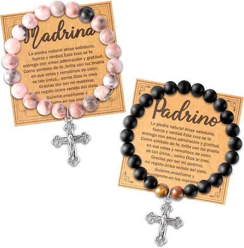 CJiangpo Natural Stone Cross Bracelet for Godparents, Christian Religious Cross Beaded Bracelets Godmother Godfather Proposal Gifts Catholic Jewelry for Christmas Baptism Gifts in Kuwait