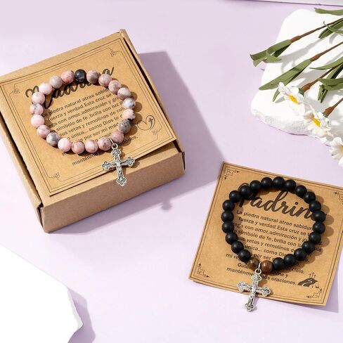 CJiangpo Natural Stone Cross Bracelet for Godparents, Christian Religious Cross Beaded Bracelets Godmother Godfather Proposal Gifts Catholic Jewelry for Christmas Baptism Gifts in Kuwait