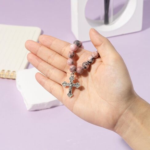 CJiangpo Natural Stone Cross Bracelet for Godparents, Christian Religious Cross Beaded Bracelets Godmother Godfather Proposal Gifts Catholic Jewelry for Christmas Baptism Gifts in Kuwait