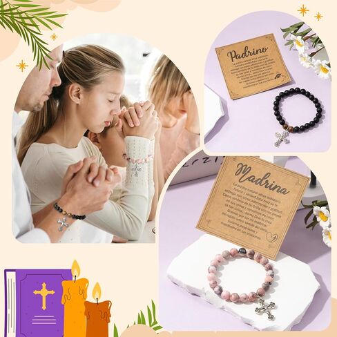 CJiangpo Natural Stone Cross Bracelet for Godparents, Christian Religious Cross Beaded Bracelets Godmother Godfather Proposal Gifts Catholic Jewelry for Christmas Baptism Gifts in Kuwait
