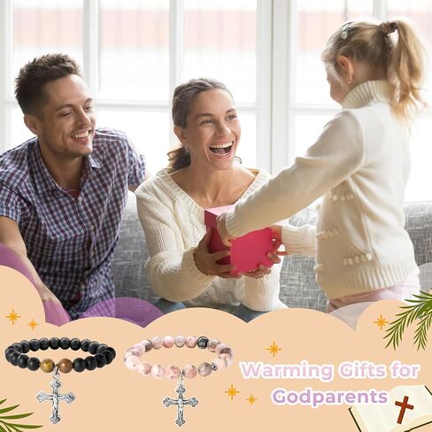 CJiangpo Natural Stone Cross Bracelet for Godparents, Christian Religious Cross Beaded Bracelets Godmother Godfather Proposal Gifts Catholic Jewelry for Christmas Baptism Gifts in Kuwait