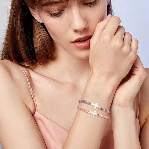 Cross Gemstone Beaded Strand Bracelet for Women,Trendy Cute Handmade Adjustable Natural Stone Bead Bracelets Fashion Christian Jewelry Gift. in Saudi Arabia