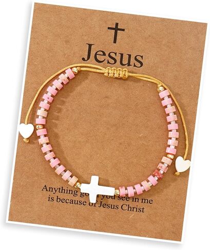 Cross Gemstone Beaded Strand Bracelet for Women,Trendy Cute Handmade Adjustable Natural Stone Bead Bracelets Fashion Christian Jewelry Gift. in Saudi Arabia