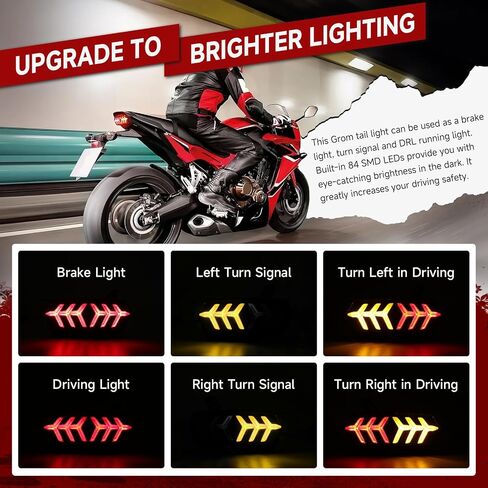 DREAMIZER LED Brake Tail Light with Turn Signals Sequential Motorcyle Taillight Compatible with Honda Grom MSX125 CBR650 CB650F CTX700N - Red Lens in Kuwait